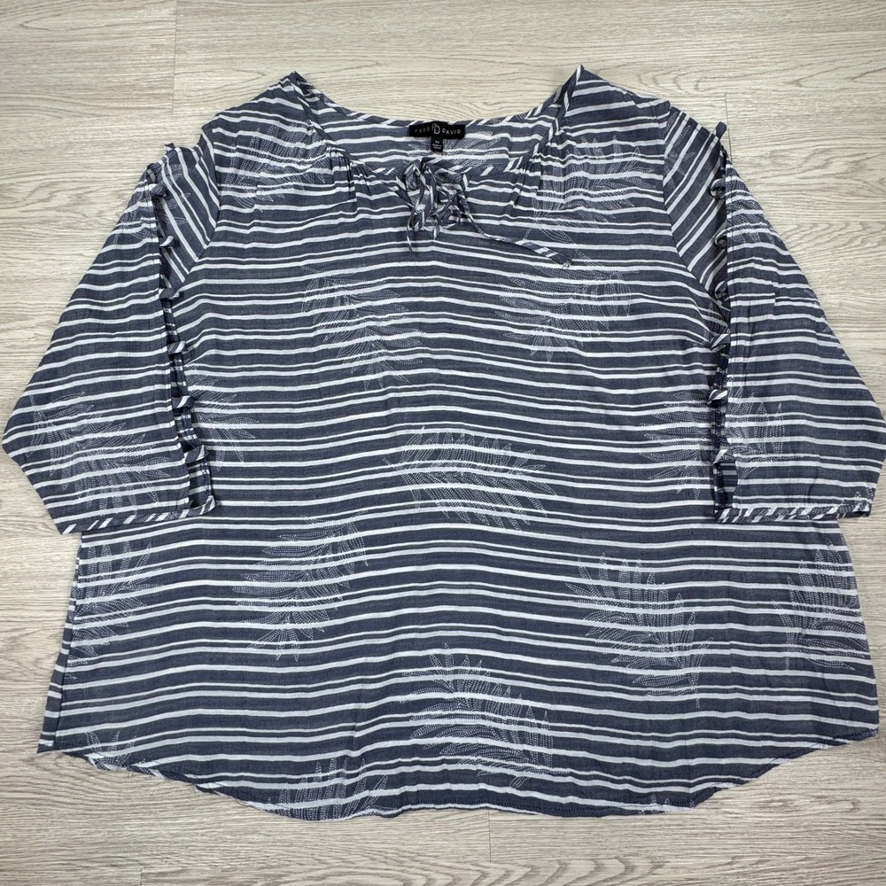 Fred David Women Top 3X Blue White Striped Tropical Leaf Cutout‎ Sleeve Z2U375RW